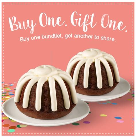 Nothing bundt cakes buy one get one free 2023. Cut your cake and enjoy! IF ANY CAKE REMAINS. 1. Cake will keep in your refrigerator for up to 5 days. Top ↑. Nothing Bundt Cakes. © 2023 Nothing Bundt Cakes. 