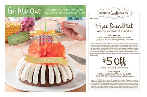 Fort Wayne Bakery & Cake Shop | Weddings & Birthdays - Nothing Bundt Cakes 358. < Back to Location Finder. Fort Wayne, IN. 6409 Lima Road, Fort Wayne, IN 46818. (260) 209-4015 Email.