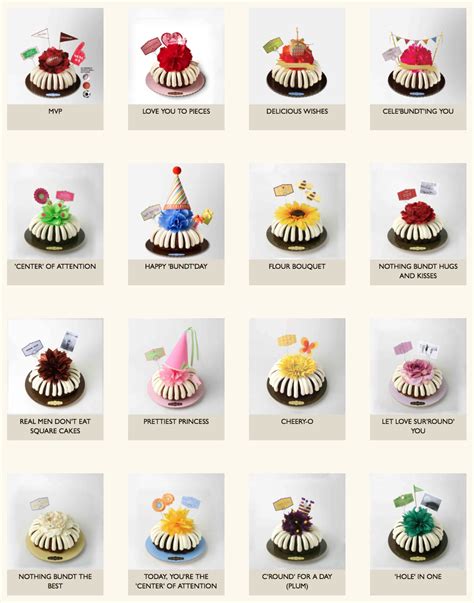 Nothing bundt cakes hickory menu. 12 bite-sized Bundt Cakes crowned with our signature cream cheese frosting and accompanied with "Celebration Hats" Bundtini® Toppers to adorn your cakes. Flavors included: Chocolate Chocolate Chip (3), Lemon (3), Red Velvet (3), White Chocolate Raspberry (3). Perfect for birthday celebrations where everyone can enjoy a variety of … 