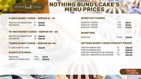 Nothing bundt cakes miamisburg menu. Nothing Bundt Cakes® locations in Owings Mills help bring delicious Bundt Cakes to you. The goal of our Bakeries is to bring extra joy into your life, one bite at a time. We strive to create memorable experiences for our guests by offering a variety of beautifully decorated handcrafted cakes in a range of sizes and flavors, along with ... 