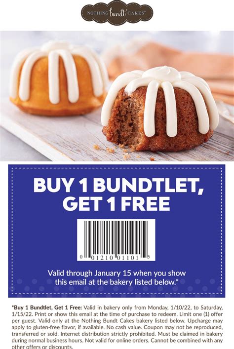 Nothing bundt cakes promo code january 2024. NOTHING BUNDT CAKES, 626 N Alafaya Trl, Ste 104, Orlando, FL 32828, 98 Photos, Mon - 9:00 am - 7:00 pm, Tue - 9:00 am - 7:00 pm, Wed - 9:00 am - 7:00 pm, Thu - 9:00 am - 7:00 pm, Fri - 9:00 am - 7:00 pm, Sat - 10:00 am - 7:00 pm, Sun - 11:00 am - 4:00 pm ... but I happened to be nearby and had a BOGO coupon in my inbox for their Bundlets so I ... 