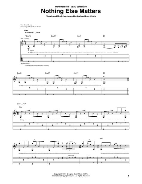 Nothing else matters guitar tab. Unlimited Site Access. $9.99 / month. Get a G-PASS. Artist: Metallica. Format: Guitar Tab. Pages: 10. Nothing Else Matters guitar tab, as performed by Metallica. Official, artist-approved notation—the most accurate guitar tab on the web. Need help reading standard notation or guitar tab? 