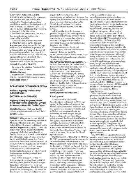 Notice Highway Safety Programs Model Specifications For Screening