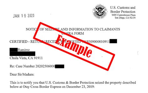 Notice of Seizure and Information to Claimants Cafra Form Example