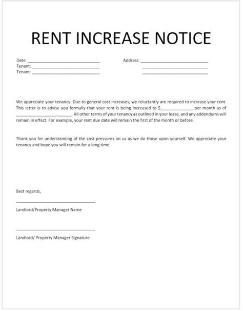Notice of rent increase. This letter is sent as a formal notification that I will be raising rental rates from the current [current rent amount] to [new rent amount]. This increment will take effect of [effective date of rent increase], giving you 60 days’ notice in … 
