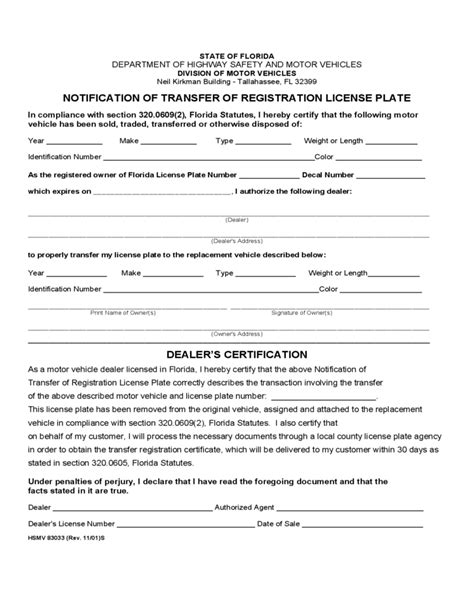 Notification of Transfer of Registration License Plate - Florida