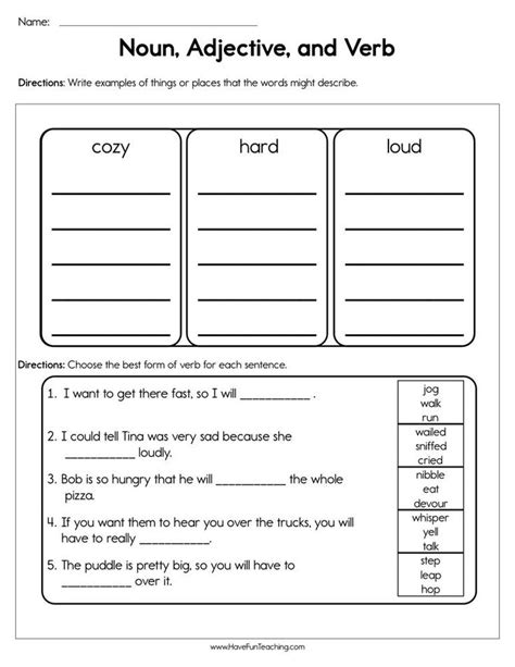 Noun Adjective and Verb Worksheet by Teach Simple