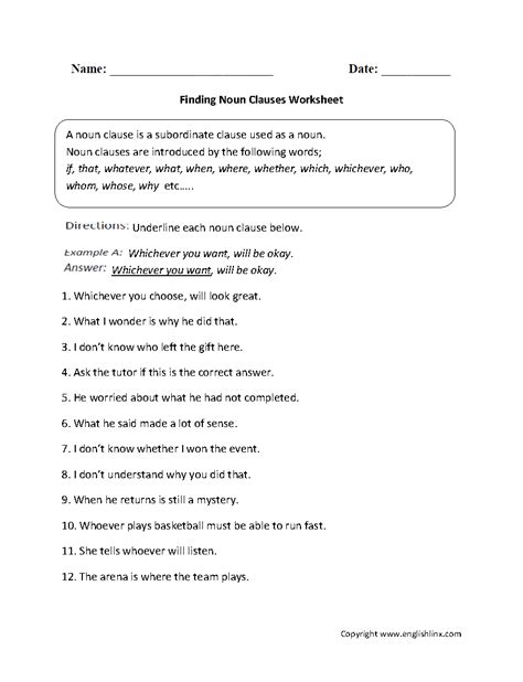 Noun Clause Sheets Worksheets - K12 Workbook