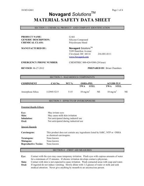 Novagard SolutionsTM MATERIAL SAFETY DATA SHEET