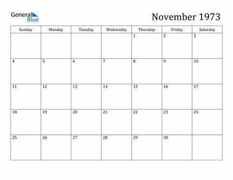 November 1973 Calendar (PDF Word Excel)