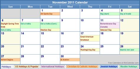 November 2011 Calendar With Holidays