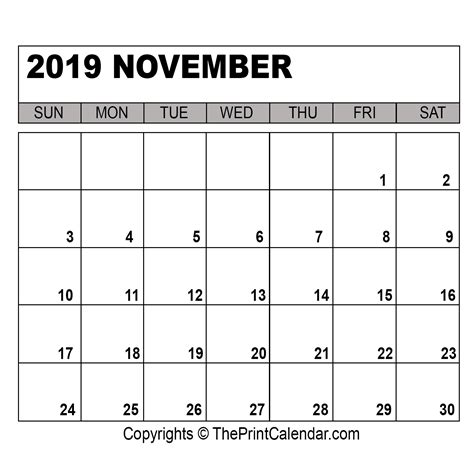 November 2019 Temperature Calendar