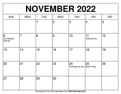 November 2022 Calendar Wiki