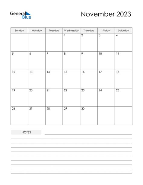 November 2023 Calendar PDF Word Excel