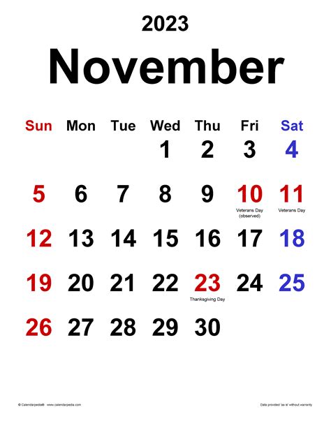 November 2023 Calendar with Extralarge Dates