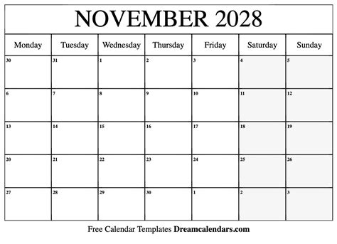 November 2028 Free Monthly Calendar