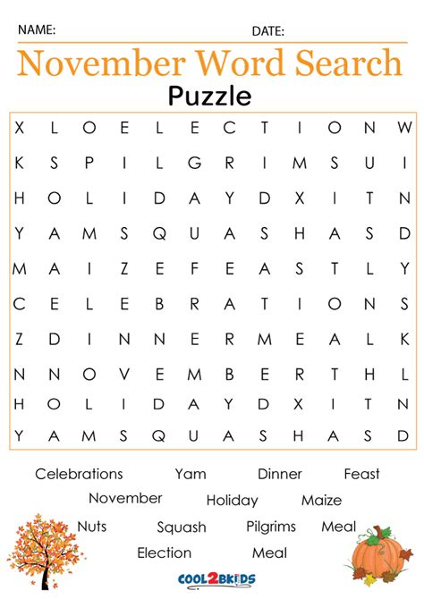 November Word Search Printable