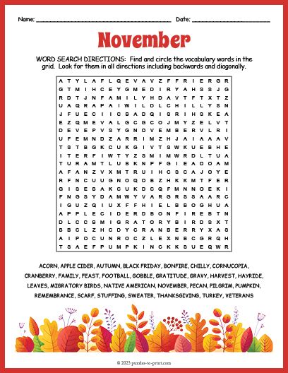 November Word Search Printable Word Search Printable
