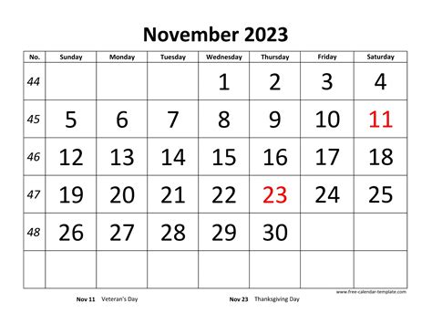 November. Calendar. Free printable calendar for November 2023. View online or print in PDF format. Holidays in November, 2023: November 11 2023: Veterans Day. November 23 2023: Thanksgiving.. 