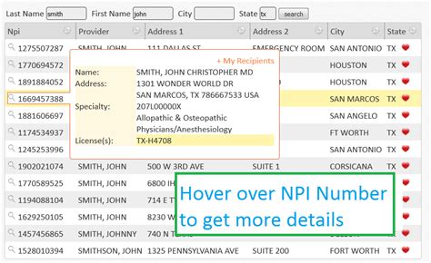 Mar 3, 2024 · NPI Lookup Service Instructions. Our tool is user-friendly and intuitive, making your search process straightforward. Simply enter a provider name, address or specialty to obtain your results. We support partial matching searches. Use the Individual, Organization or PECOS Enrollment filters to narrow down your NPI lookup results. . 