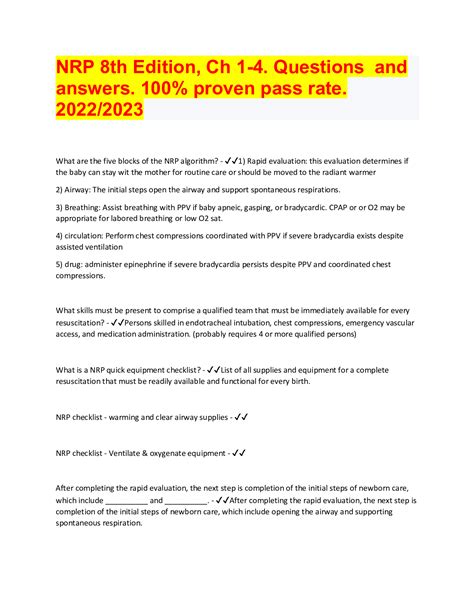 Nrp 8th edition answers. NRP 8th Edition Quiz Answers Part-1 Pre-assessment/35 Questions and Answers/100% Verified Accurate. NRP 8th Edition Quiz Answers Part-1 Pre-assessment/35 Questions and Answers/100% Verified Accurate. 100% Money Back Guarantee Immediately available after payment Both online and in PDF No strings attached. Sell. 