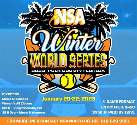 Age Groups. 2023 NSA LADY BOMBERS LESLEY JOHNSON 4TH ANNUAL MEMORIAL TOURNAMENT - 4 SEED INTO SINGLE ELIM. EC MOORE/NEW TAMPA COMM PARK. CLEARWATER/NEW TAMPA. 2023-09-30. 2023-10-01. 8U - 18U. 2023 NSA BATTLE FOR THE DOLLAR - WIN $$$ - EVERY TEAM WILL HAVE A CHANCE TO WIN CASH! STARKEY RANCH.. 