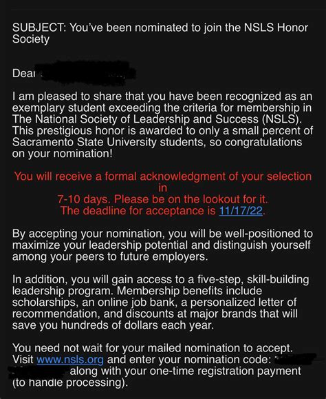 Nsls reddit. Around this time of year, they usually send out emails saying that you were accepted into the National Society of Leadership and Success (NSLS). They cite GPA and demonstration to leadership as criteria for getting in, but send these out to anyone. A lifetime membership is promised for a “small induction fee” of 100 dollars. 