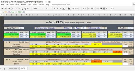 Nsuns 5 day spreadsheet.  This document outlines a 5/3/1 LP (linear progression) traini...