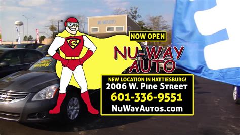 See more of Nu-Way Auto on Facebook. Log In. Forgot account? or. Create new account. Not now. Related Pages. The Belle and Beau. Shopping & Retail. Big T BBq the best in The south. Product/service. American Family Auto LLC. Car dealership. Shaq at Sunset. Cars. Sunset DCJR Auto Clearance. Car dealership. JF AUTO LLC Petal MS 39465.. 