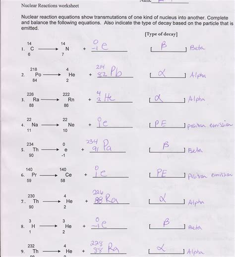 Nuclear Decay Worksheet Answer Key