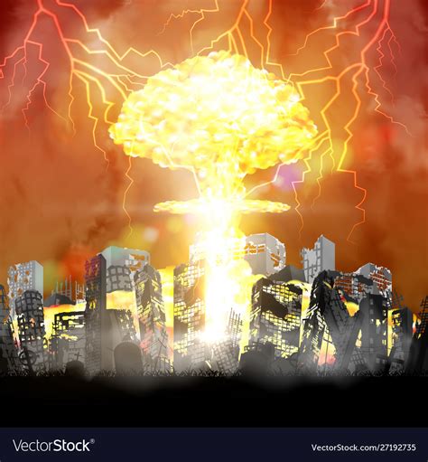Nuclear bomb exploding over ruined city building Vector Image