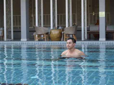 Nude man swiming pool. .  ...