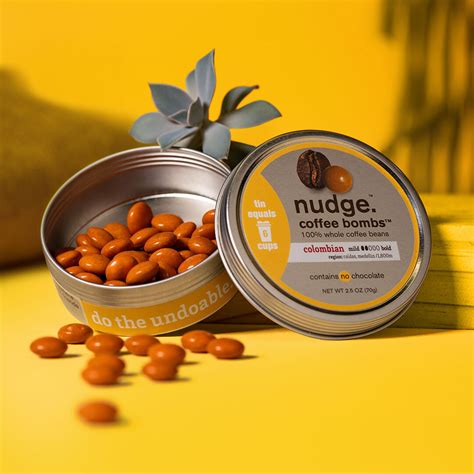 Nudge coffee. About this item . A DELICIOUS & HEALTHY SNACK: Coffee treats with delicious toasted hazelnut blended with our rich and creamy coffee center. Nudge Coffee Bombs — made with coffee, not chocolate — have only 3g of sugar per serving, 50-60% less sugar than the leading shelled candy snacks, and contain natural antioxidants and fiber from using the whole coffee bean. 