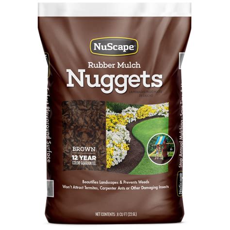 NuScape 0.8-cu ft Brown Rubber Mulch. NuScape Rubber Mulch Nuggets are the perfect loose-fill ground cover for landscaping and playground applications. With color that maintains for 12 years, you can stop annual mulching, saving time and money.. 