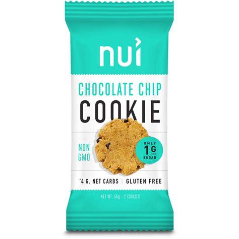 Nui cookies. There are 200 calories in 1 cookie (42 g) of Nui Chocolate Chip Cookie. Calorie breakdown: 66% fat, 27% carbs, 7% protein. Related Cookies from Nui: Birthday Cake Cookie: Other Types of Chocolate Chip Cookies: Chocolate Chip Cookies (with Butter) Chocolate Chip Cookies (Soft Type) 