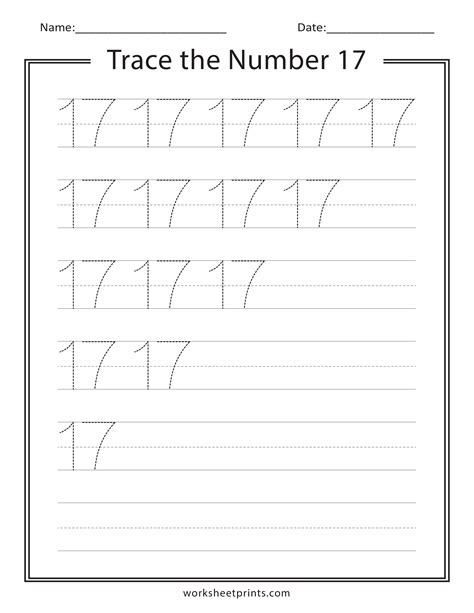 Number 17 Tracing Number Search and Trace Worksheet