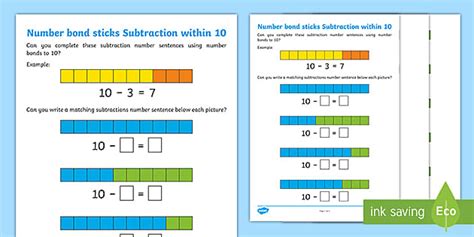 Number Bond Sticks Subtraction within 10 Worksheet