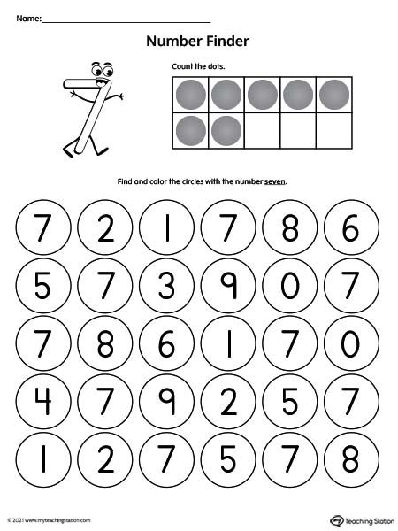 Number Recognition Worksheet: Find and Circle Number 7