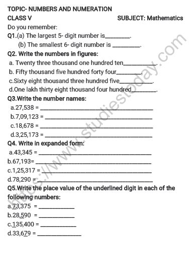 Number System Class 5 Worksheet