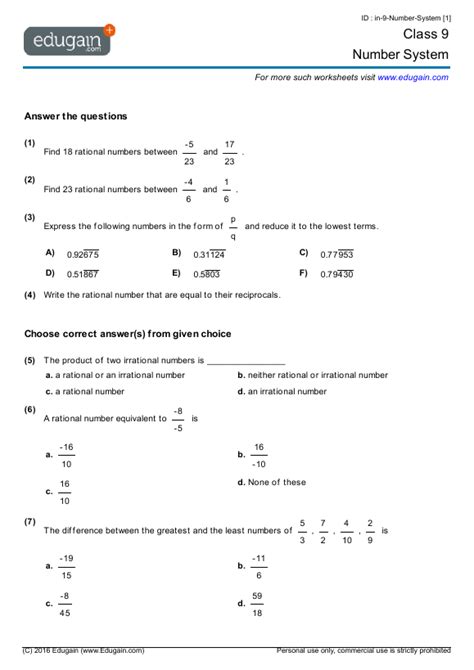 Number System Worksheet 9th Grade