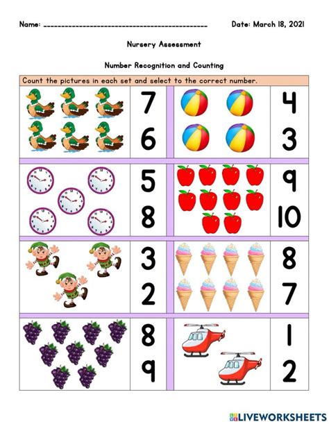 Numbers and Counting Worksheet for Nursery Assessment