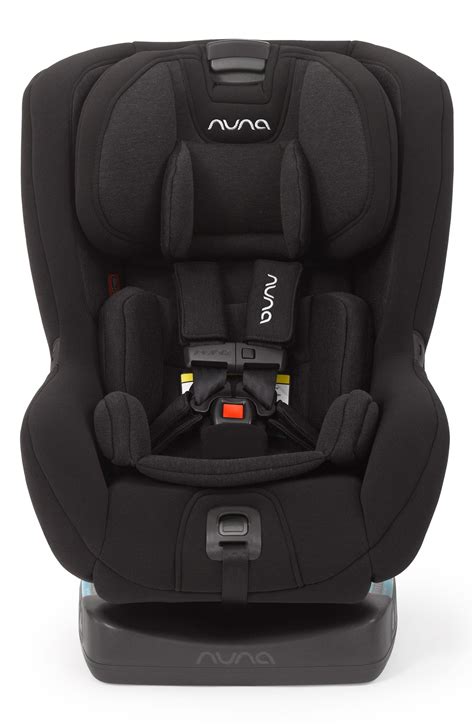 Nuna rava convertible car seat. The car seat swivels for easy-in and easy-out transitions, then converts from rear-facing to forward-facing as your child grows from newborn to toddler to preschooler. The dark blue car seat offers five recline angles in each position, with height-adjustable head support and one-handed operation. Security features include side-impact protection ... 