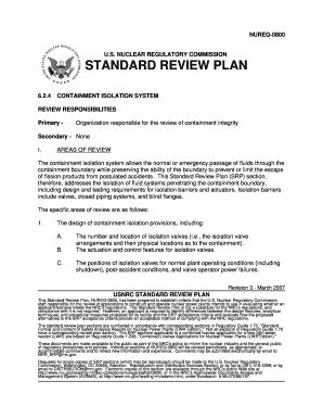 Nureg-0800. This Standard Review Plan (SRP), NUREG-0800, has been prepared to establish criteria that the U.S. Nuclear Regulatory Commission staff responsible for the review of applications to construct and operate nuclear pow er plants intends to use in evaluating whether an applicant/lic ensee meets the NRC's regulations. 