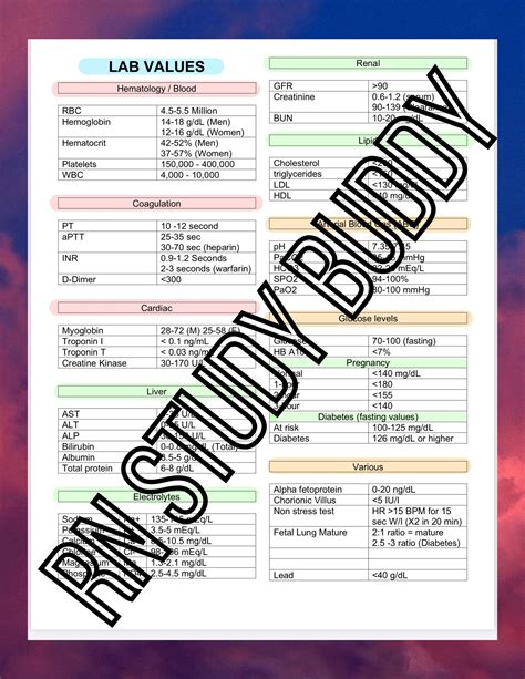Nursing Lab Values Quick reference cheat sheet. one page study Etsy