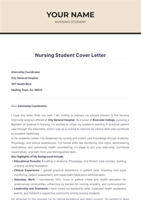 Nursing Student Cover Letter Template