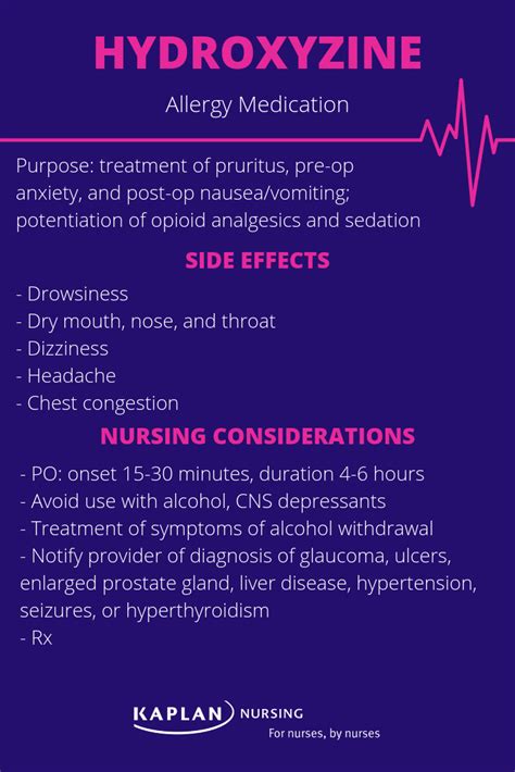 Nursing considerations for hydroxyzine. Preoperative Sedation. 0.6 mg/kg PO. 0.5-1.1 mg/kg IM. Anxiety. Symptomatic relief of anxiety associated with psychoneurosis and as adjunct in organic disease states. 50-100 mg PO divided q6hr or 50-100 mg IM divided q4-6hr. Continuation of therapy for >4 months has not been studied; reassess need for therapy periodically. 