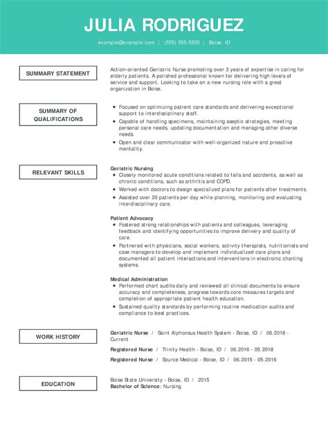 Nursing resume template. 1. Pick a good font: Opt for readable fonts like Times New Roman, Roboto, Arial, Verdana, Tahoma, Calibri, or Helvetica. You can combine two fonts, one for headings and the other for body text. In our nursing resume example, we combined Times New Roman for headings (14–16pt) and Roboto for body paragraphs (11–12pt). 