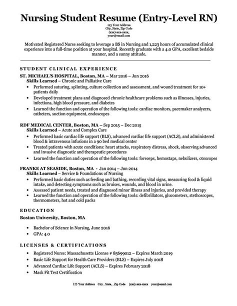 Nursing student resume. Anytown, FL 11111 | (111) 222-3333 | janedoe@website.com. Florida RN and BSN nursing student with diverse clinical experience, academic excellence, compassion and leadership skills. Committed to providing the best patient outcomes possible through a combination of evidence-based practice and strong interpersonal relationships. 