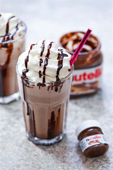 Nutella milkshake. Milkshake. Add the pretzels to a blender and blend until they become fine crumbs. Add the ice cream, Nutella, milk and vanilla. Blend until smooth. Drizzle 2 glasses with warm Nutella fudge. Pour the milkshakes into the glasses and top with whipped cream, a square of fudge and a toasted marshmallow. 