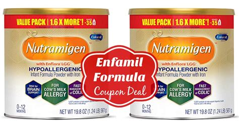 Nutramigen coupons. Description. From the maker of Enfamil comes Nutramigen formula with Enflora LGG is a 20 Cal/fl oz, iron-fortified, hypoallergenic, lactose free infant formula that has Omega 3 DHA. It is designed for infants who have food allergies including cow’s milk allergy. Nutramigen with Enflora LGG hypoallergenic baby formula powder has extensively ... 